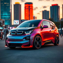 A cinematic shot of a sleek, modified BMW i3, showcasing its futuristic design and vivid colors