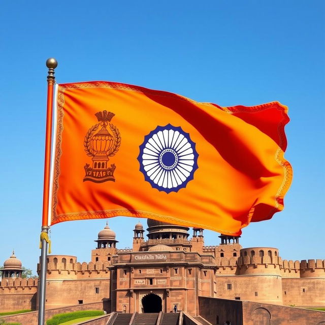 A beautifully rendered illustration of the flag of the Maratha Empire, showcasing the iconic symbols and colors associated with the empire