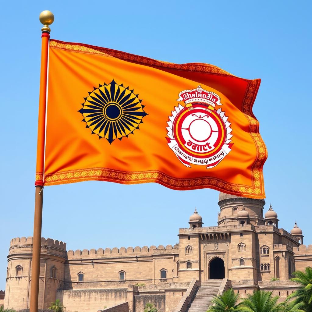 A beautifully rendered illustration of the flag of the Maratha Empire, showcasing the iconic symbols and colors associated with the empire