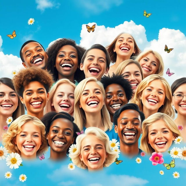 A vibrant collage of joyful faces, all smiling and radiating happiness, seamlessly blended together with a consistent, beautiful background of a bright blue sky and fluffy white clouds