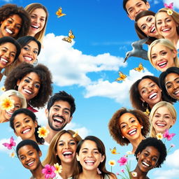 A vibrant collage of joyful faces, all smiling and radiating happiness, seamlessly blended together with a consistent, beautiful background of a bright blue sky and fluffy white clouds