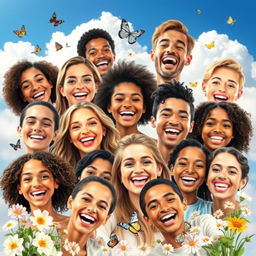 A vibrant collage of joyful faces, all smiling and radiating happiness, seamlessly blended together with a consistent, beautiful background of a bright blue sky and fluffy white clouds