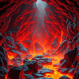 An animated depiction of a magma chamber, featuring glowing red and orange molten lava flowing through rocky formations