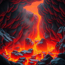 An animated depiction of a magma chamber, featuring glowing red and orange molten lava flowing through rocky formations