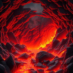 An animated depiction of a magma chamber, featuring glowing red and orange molten lava flowing through rocky formations