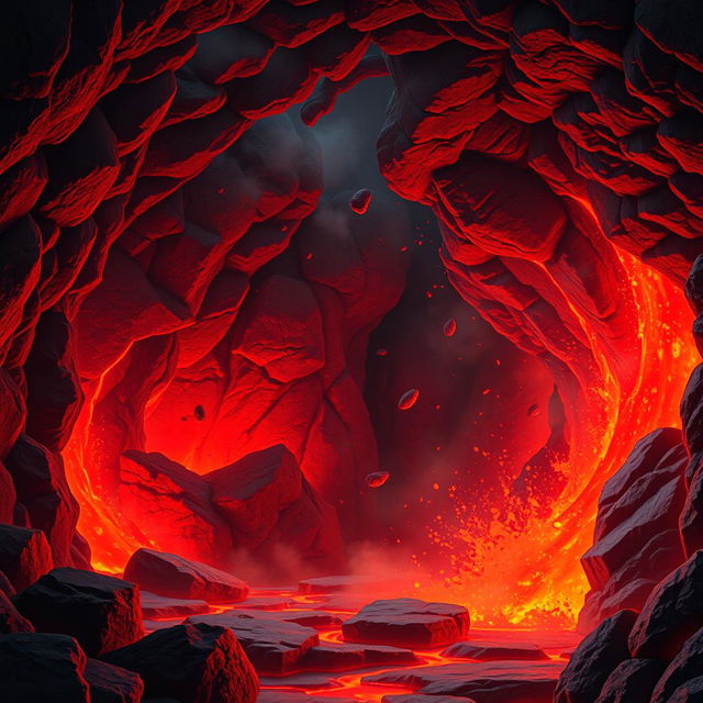 An animated depiction of a magma chamber, featuring glowing red and orange molten lava flowing through rocky formations