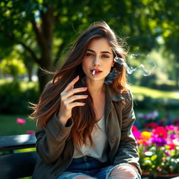 A young woman smoking a cigarette, with a relaxed expression on her face