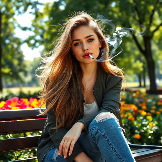 A young woman smoking a cigarette, with a relaxed expression on her face