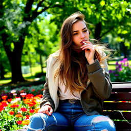 A young woman smoking a cigarette, with a relaxed expression on her face