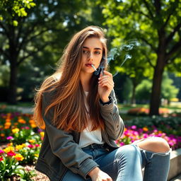 A young woman smoking a cigarette, with a relaxed expression on her face