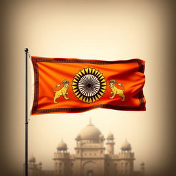 A striking digital illustration of the flag of the Maratha Empire, prominently featuring a saffron background symbolizing courage and valor