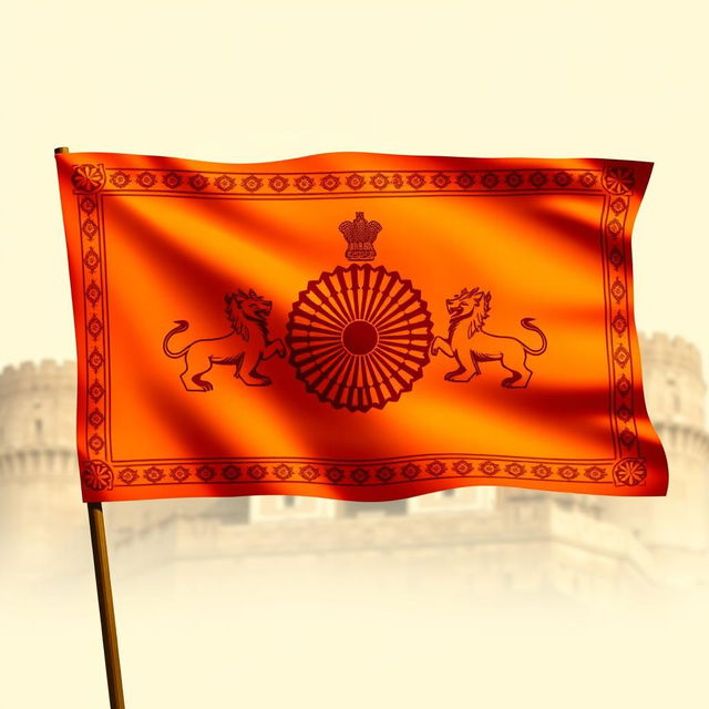 A striking digital illustration of the flag of the Maratha Empire, prominently featuring a saffron background symbolizing courage and valor