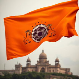 A striking digital illustration of the flag of the Maratha Empire, prominently featuring a saffron background symbolizing courage and valor