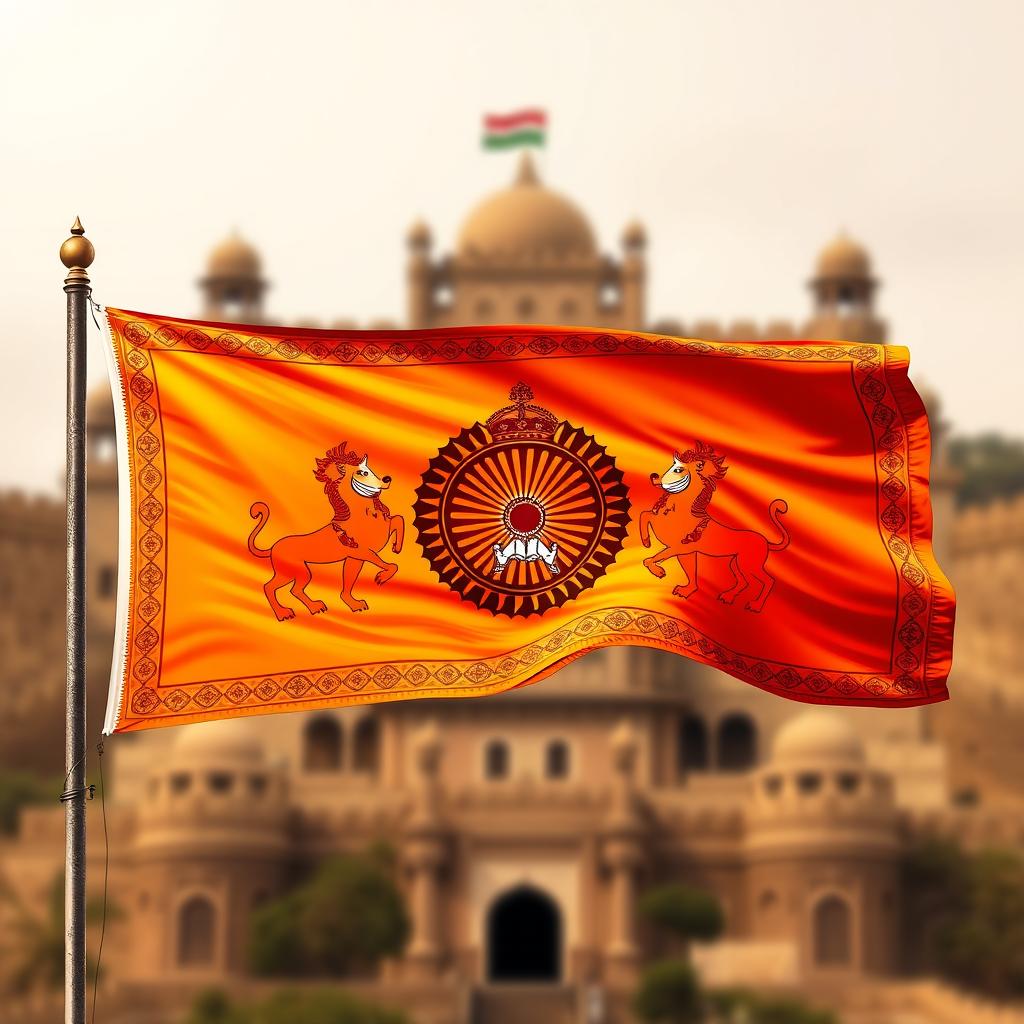 A striking digital illustration of the flag of the Maratha Empire, prominently featuring a saffron background symbolizing courage and valor