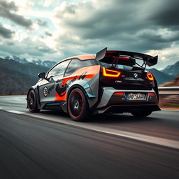 A cinematic shot of a race modified BMW i3, showcasing its sleek aerodynamic body modifications, vibrant racing decals, and sporty enhancements