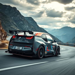 A cinematic shot of a race modified BMW i3, showcasing its sleek aerodynamic body modifications, vibrant racing decals, and sporty enhancements
