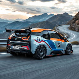 A cinematic shot of a race modified BMW i3, showcasing its sleek aerodynamic body modifications, vibrant racing decals, and sporty enhancements