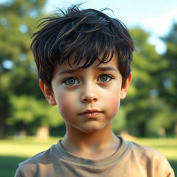 A realistic portrait of a young boy with an expressive face, featuring soft lighting that highlights his features