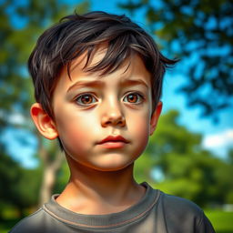 A realistic portrait of a young boy with an expressive face, featuring soft lighting that highlights his features
