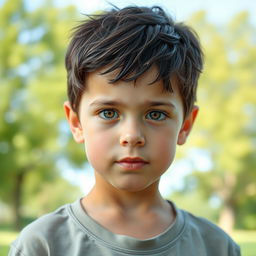 A realistic portrait of a young boy with an expressive face, featuring soft lighting that highlights his features