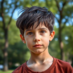 A realistic portrait of a young boy with an expressive face, featuring soft lighting that highlights his features