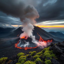 A stunning view of an active volcano, with molten lava flowing down its slopes and ash billowing into the sky