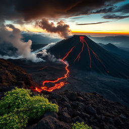 A stunning view of an active volcano, with molten lava flowing down its slopes and ash billowing into the sky