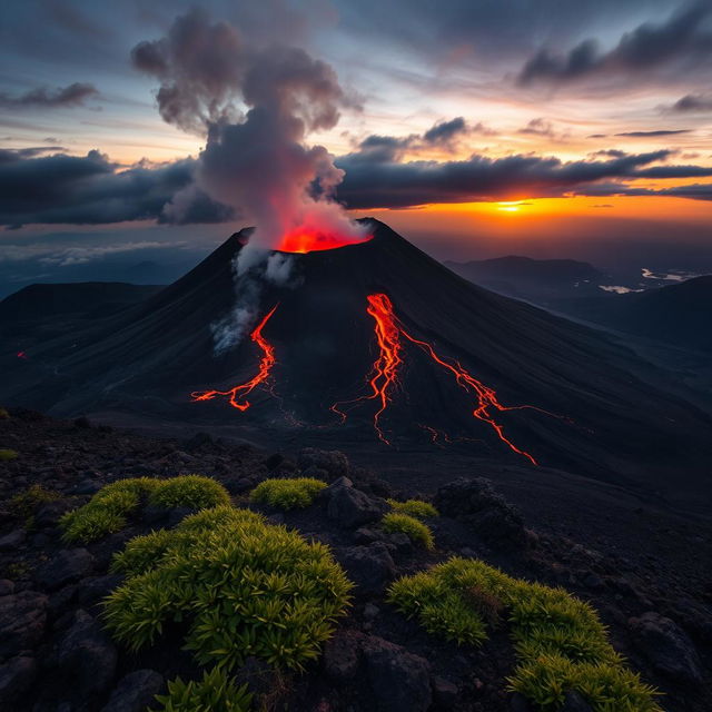 A stunning view of an active volcano, with molten lava flowing down its slopes and ash billowing into the sky