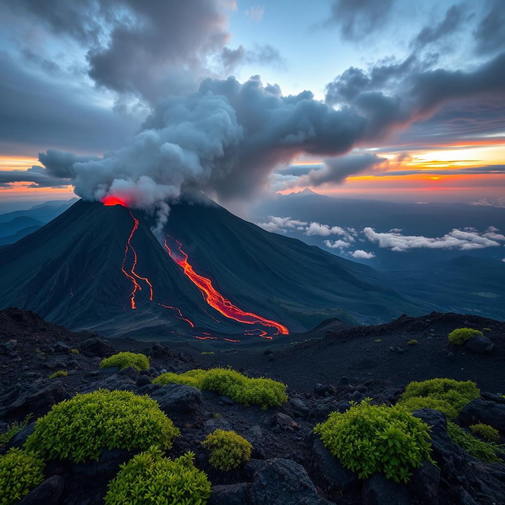 A stunning view of an active volcano, with molten lava flowing down its slopes and ash billowing into the sky