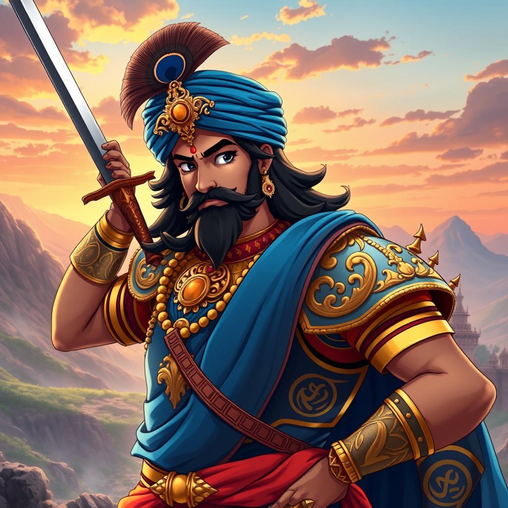 An anime-style representation of Chhatrapati Shivaji Maharaj, capturing his charismatic and valorous essence