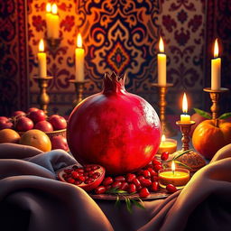 A beautiful and vibrant depiction of Shab-e Yalda, featuring a rich, red pomegranate surrounded by traditional elements of the celebration, such as candles, fruits, and an ornate table setting
