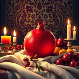 A beautiful and vibrant depiction of Shab-e Yalda, featuring a rich, red pomegranate surrounded by traditional elements of the celebration, such as candles, fruits, and an ornate table setting