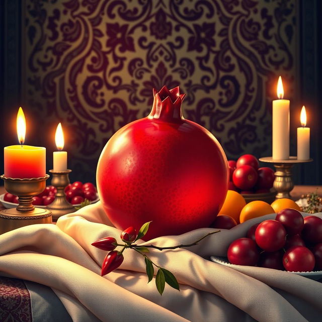 A beautiful and vibrant depiction of Shab-e Yalda, featuring a rich, red pomegranate surrounded by traditional elements of the celebration, such as candles, fruits, and an ornate table setting