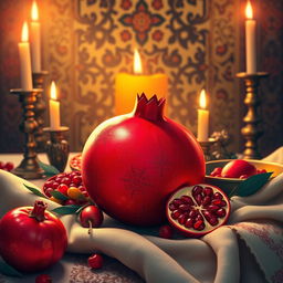 A beautiful and vibrant depiction of Shab-e Yalda, featuring a rich, red pomegranate surrounded by traditional elements of the celebration, such as candles, fruits, and an ornate table setting