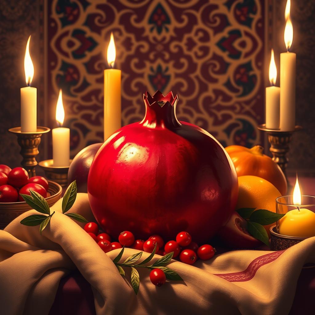 A beautiful and vibrant depiction of Shab-e Yalda, featuring a rich, red pomegranate surrounded by traditional elements of the celebration, such as candles, fruits, and an ornate table setting