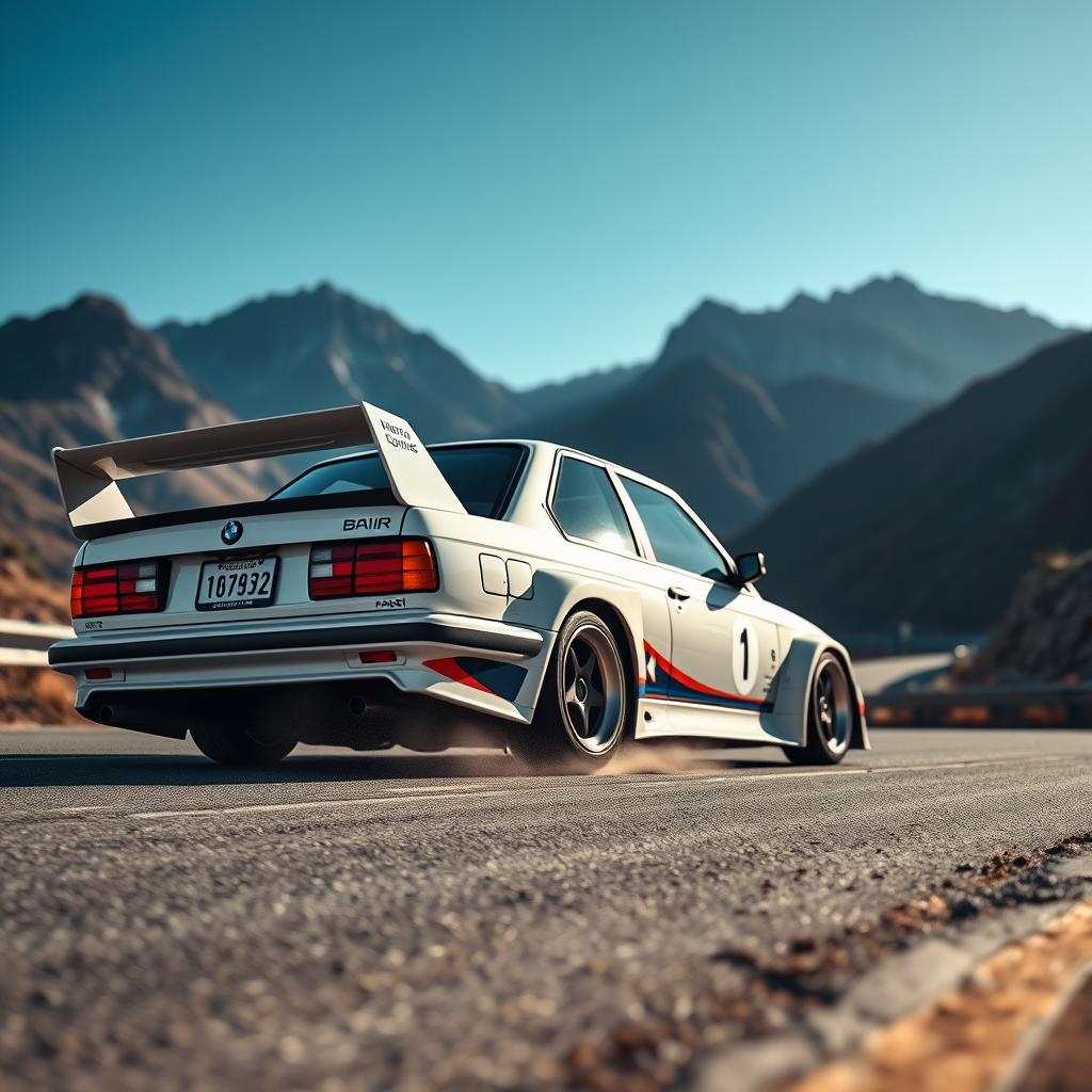 A cinematic shot of a race modified BMW 3 Series (E21) positioned on a dynamic winding road, showcasing its sleek aerodynamic bodykits, oversized rear spoiler, and racing livery