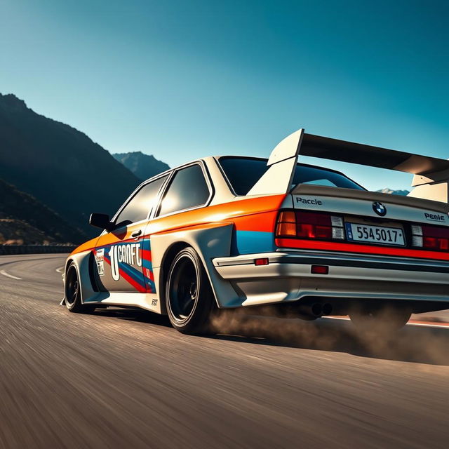 A cinematic shot of a race modified BMW 3 Series (E21) positioned on a dynamic winding road, showcasing its sleek aerodynamic bodykits, oversized rear spoiler, and racing livery