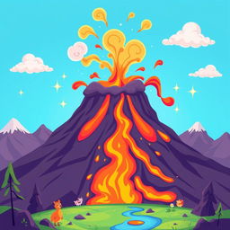 An animated illustration of a vibrant volcano erupting, with colorful lava spewing out and playful smoke clouds rising into the sky