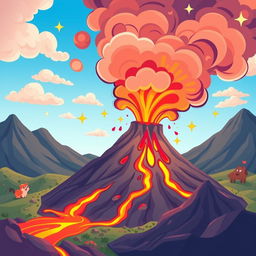An animated illustration of a vibrant volcano erupting, with colorful lava spewing out and playful smoke clouds rising into the sky