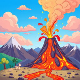 An animated illustration of a vibrant volcano erupting, with colorful lava spewing out and playful smoke clouds rising into the sky