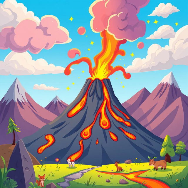 An animated illustration of a vibrant volcano erupting, with colorful lava spewing out and playful smoke clouds rising into the sky