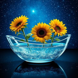 A beautiful glass boat filled with sparkling water, showcasing three vibrant sunflowers blossoming gracefully from inside the boat