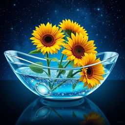 A beautiful glass boat filled with sparkling water, showcasing three vibrant sunflowers blossoming gracefully from inside the boat