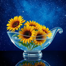 A beautiful glass boat filled with sparkling water, showcasing three vibrant sunflowers blossoming gracefully from inside the boat