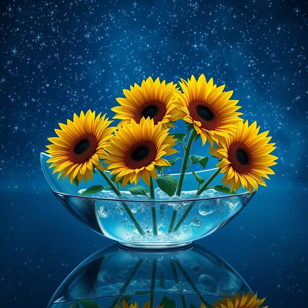 A beautiful glass boat filled with sparkling water, showcasing three vibrant sunflowers blossoming gracefully from inside the boat