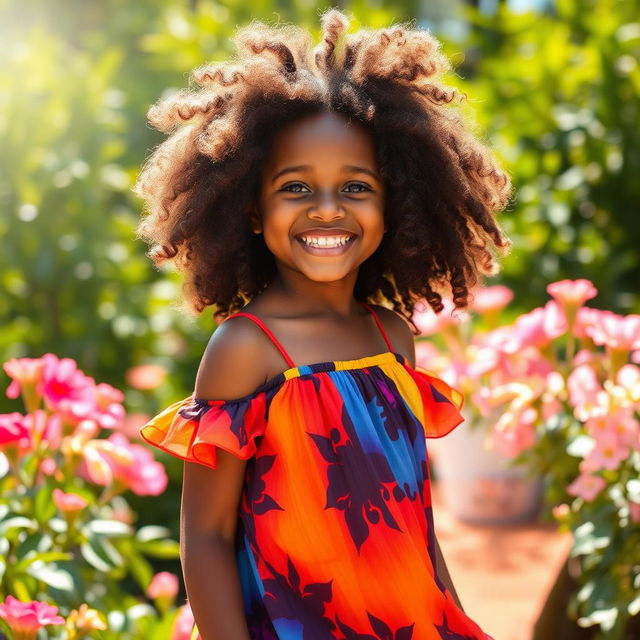 A beautiful Black girl with natural curly hair, wearing a vibrant colorful dress that flows with her movements