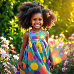 A beautiful Black girl with natural curly hair, wearing a vibrant colorful dress that flows with her movements