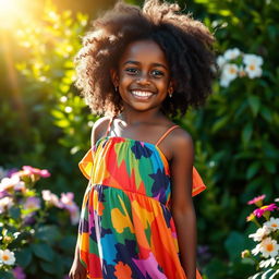 A beautiful Black girl with natural curly hair, wearing a vibrant colorful dress that flows with her movements