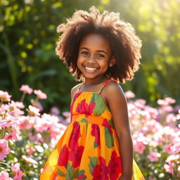 A beautiful Black girl with natural curly hair, wearing a vibrant colorful dress that flows with her movements