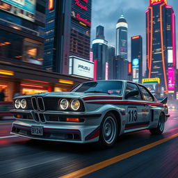 A cinematic shot of a futuristic 1975 BMW 3 Series (E21) reimagined for 2024, featuring modern enhancements like LED headlights, sleek body lines, and a contemporary racing livery